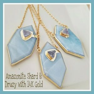 Amazonite Shard and Druzy 14K Gold Necklace